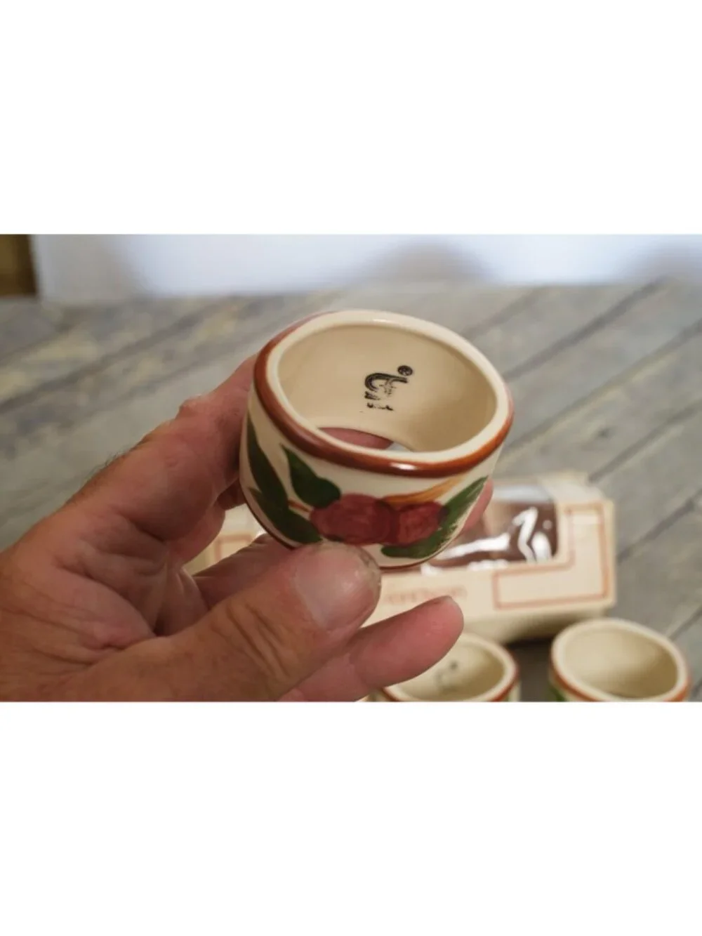 FRANCISCAN WARE Stoneware Hand Painted Apples Leaves Napkin Rings-Set 4 NOS
